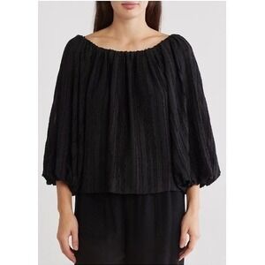 Renee C Women's Semi Sheer Boat Neck Balloon Sleeve Blouse Size Medium Black EUC